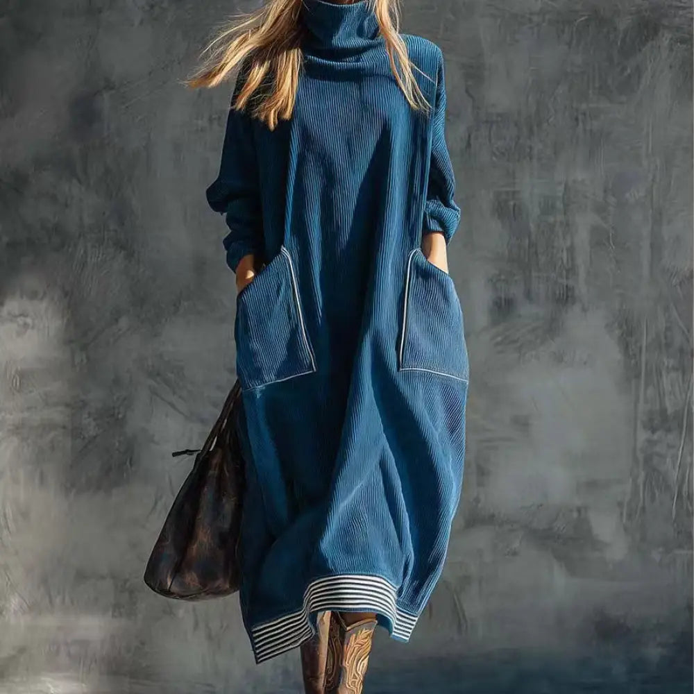 Euro-American High-neck Patchwork Vintage Loose-fit Long-sleeve Dress With Pockets - Blue / L - Dress