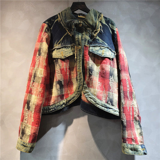 Vintage Patchwork Checkered Denim Jacket – same ANTHEM | Soulmate Streetwear - red / one size
