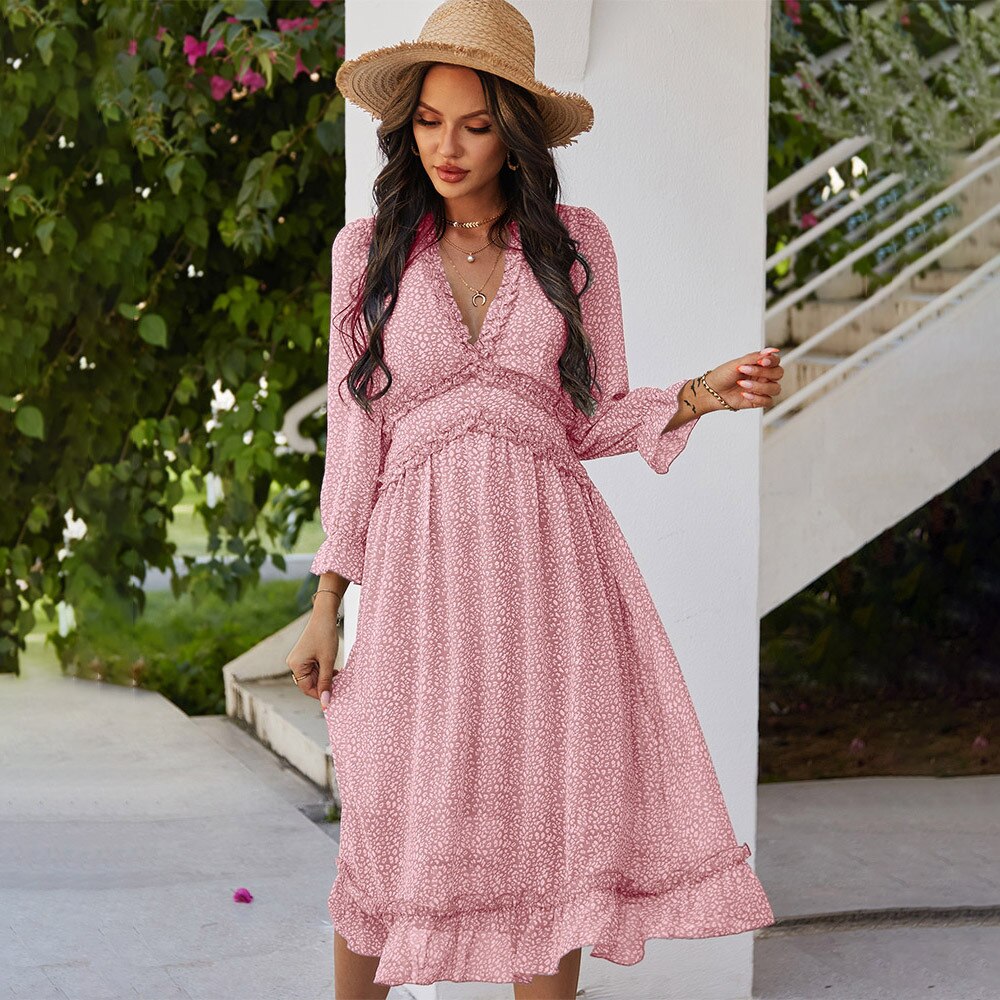 Vintage Print Chiffon Ruffle Dress – Bohemian Spring/Summer Style | same ANTHEM - Pink / S