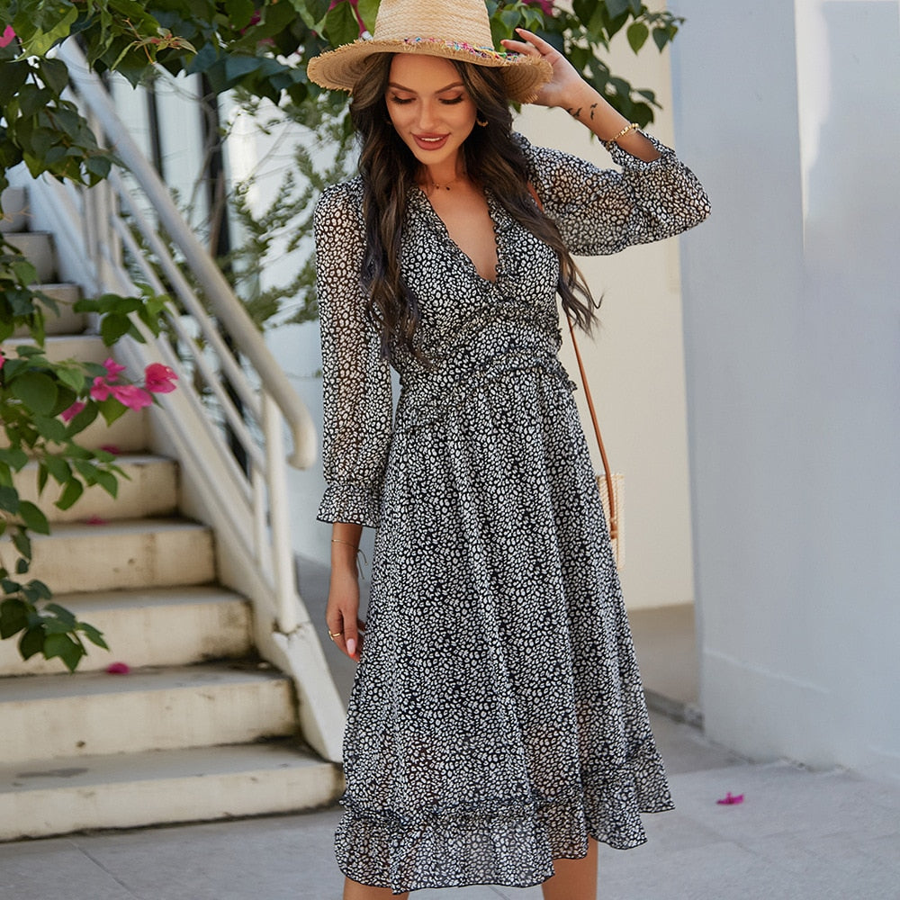 Vintage Print Chiffon Ruffle Dress – Bohemian Spring/Summer Style | same ANTHEM - Black / S