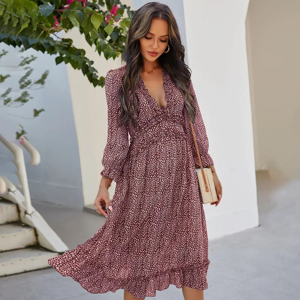 Vintage Print Chiffon Ruffle Dress – Bohemian Spring/Summer Style | same ANTHEM - Burgundy / S
