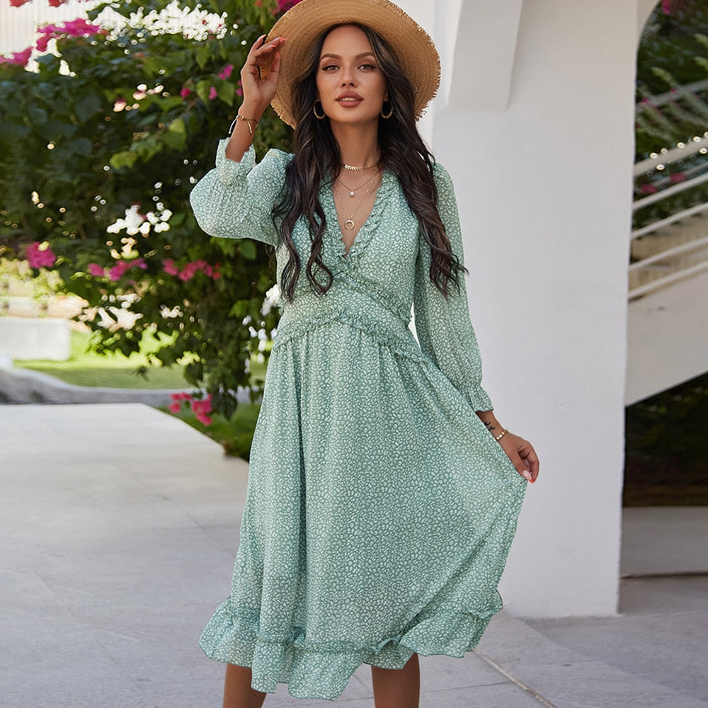 Vintage Print Chiffon Ruffle Dress – Bohemian Spring/Summer Style | same ANTHEM - Light Green / S