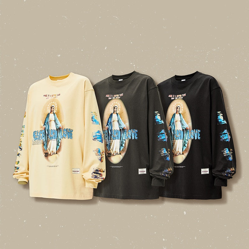 Three long-sleeve shirts with a graphic design on a beige background