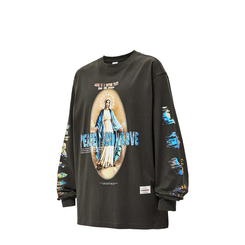 Black long-sleeve shirt with graphic design on a white background