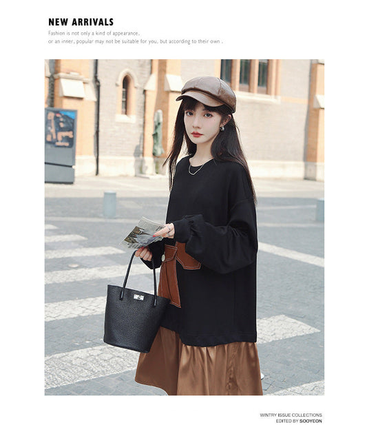Vintage PU Leather Patchwork Sweatshirt Dress – Oversized Autumn Streetwear | same ANTHEM