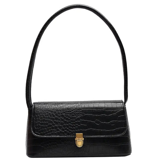 Black handbag with a gold clasp on a white background