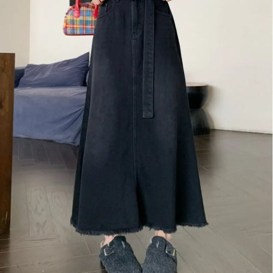 Washed Denim Long Skirt | Lover’s Skirt for Friends & Soulmates | same ANTHEM - Black / L