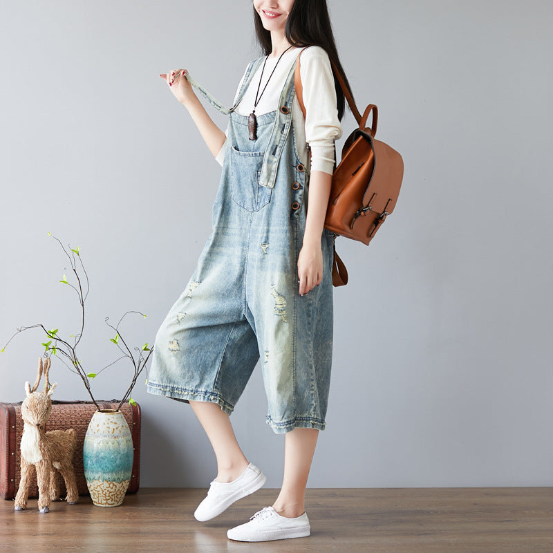 Washed Retro Wide-Leg Ripped Jeans Overalls – Soulmate Streetwear | same ANTHEM. - light blue / one size