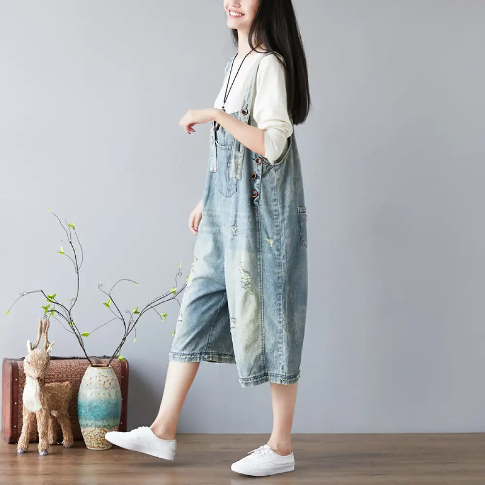 Washed Retro Wide-Leg Ripped Jeans Overalls – Soulmate Streetwear | same ANTHEM. - light blue / one size