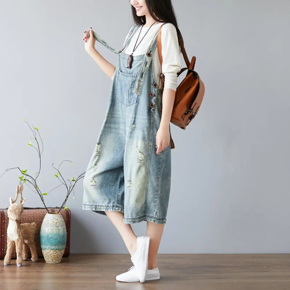 Washed Retro Wide-Leg Ripped Jeans Overalls – Soulmate Streetwear | same ANTHEM. - light blue / one size