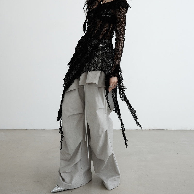 Washed Dirty Dyed Cotton Two-piece Removable Flounced Skirt Swing Casual Pants - Bag