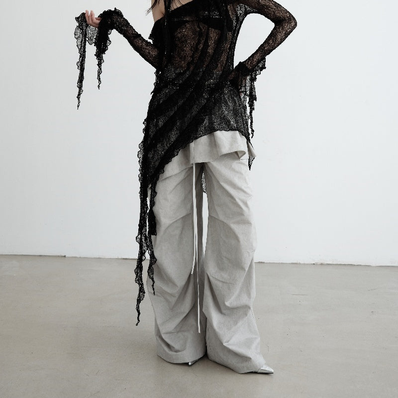 Washed Dirty Dyed Cotton Two-piece Removable Flounced Skirt Swing Casual Pants - Bag