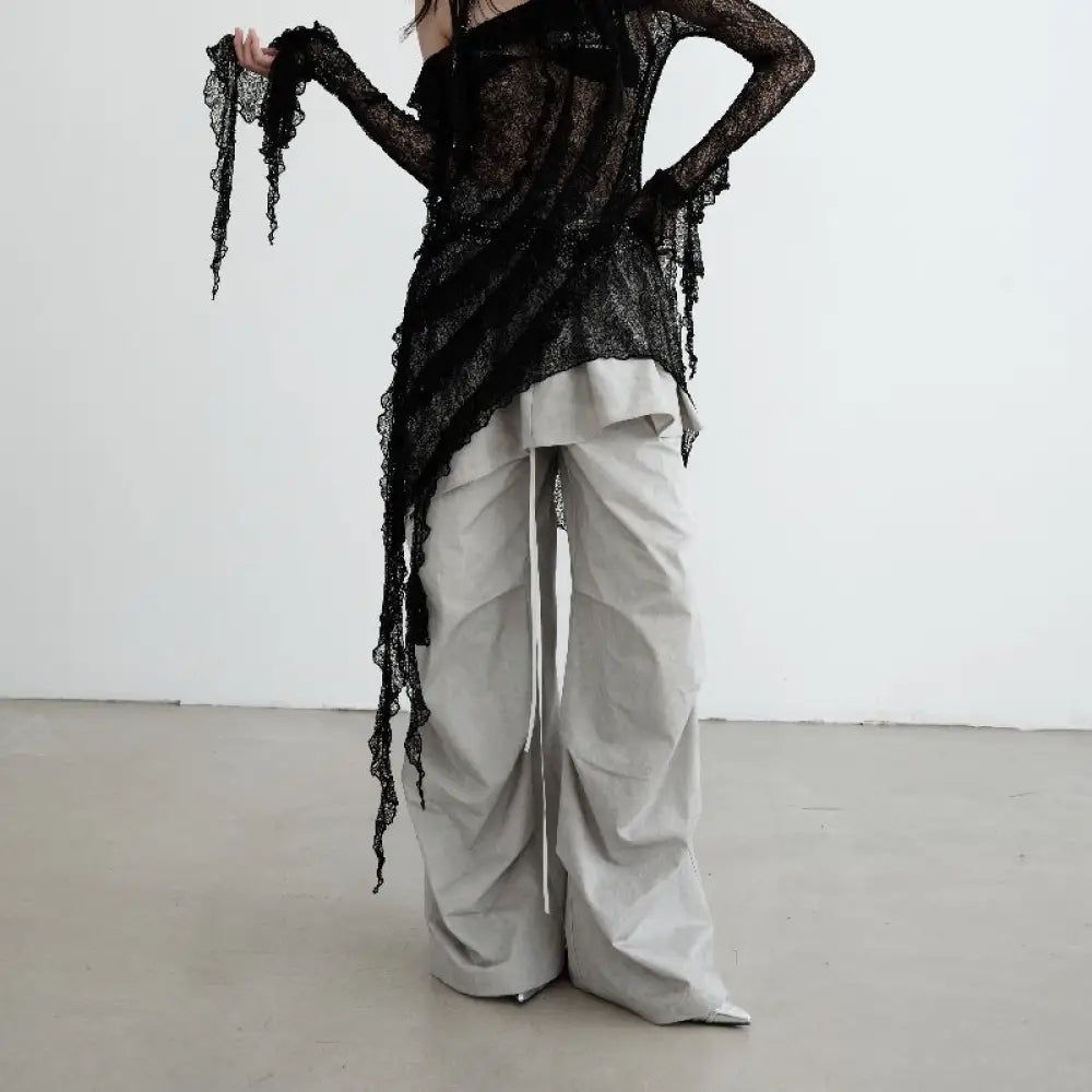 Washed Dirty Dyed Cotton Two-piece Removable Flounced Skirt Swing Casual Pants - Bag