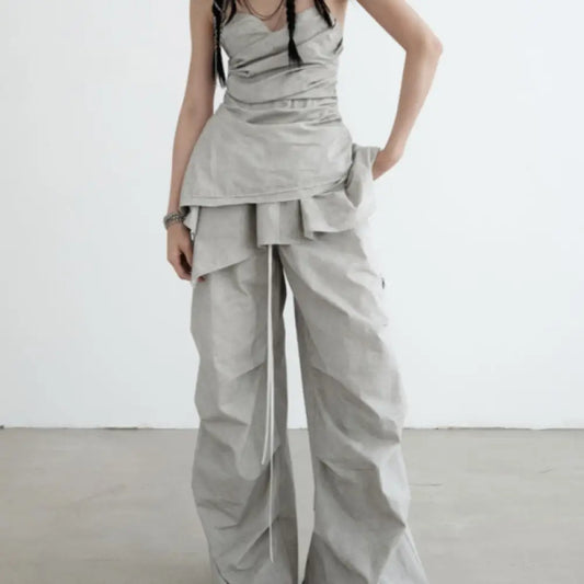 Washed Dirty Dyed Cotton Two-piece Removable Flounced Skirt Swing Casual Pants - Bag