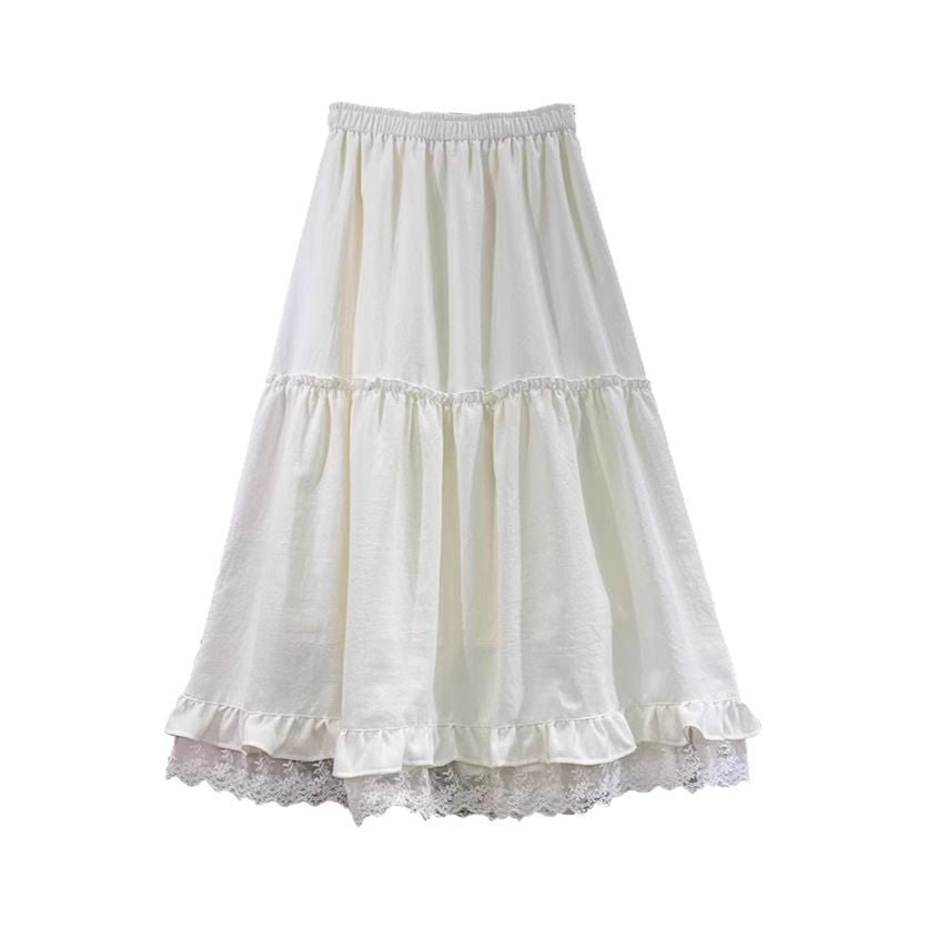 White Lace Splicing Hem Skirt | Flared Elastic Waist Skirt | same ANTHEM. - White (with lining) / S