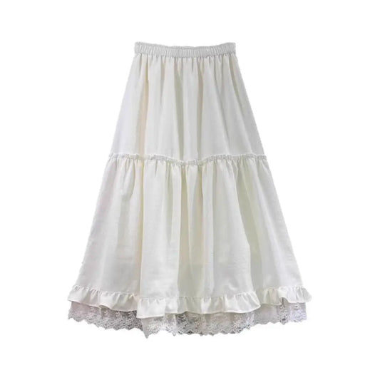 White Lace Splicing Hem Skirt | Flared Elastic Waist Skirt | same ANTHEM. - White (with lining) / S