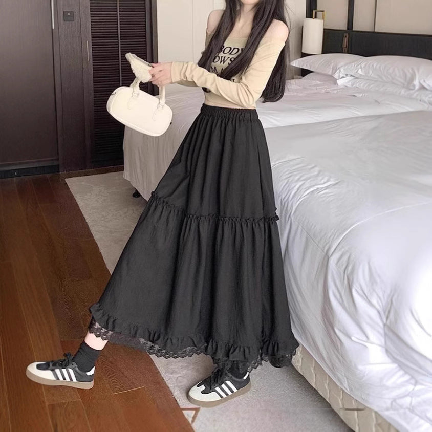 White Lace Splicing Hem Skirt | Flared Elastic Waist Skirt | same ANTHEM.