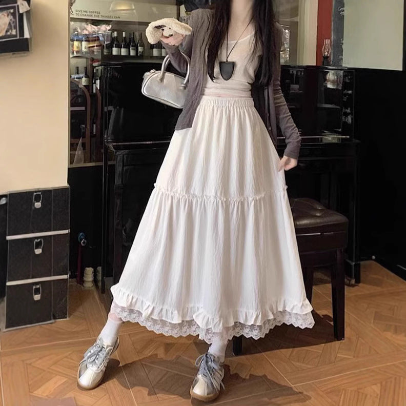 White Lace Splicing Hem Skirt | Flared Elastic Waist Skirt | same ANTHEM.