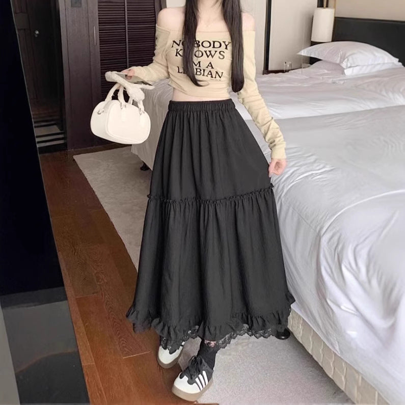 White Lace Splicing Hem Skirt | Flared Elastic Waist Skirt | same ANTHEM.