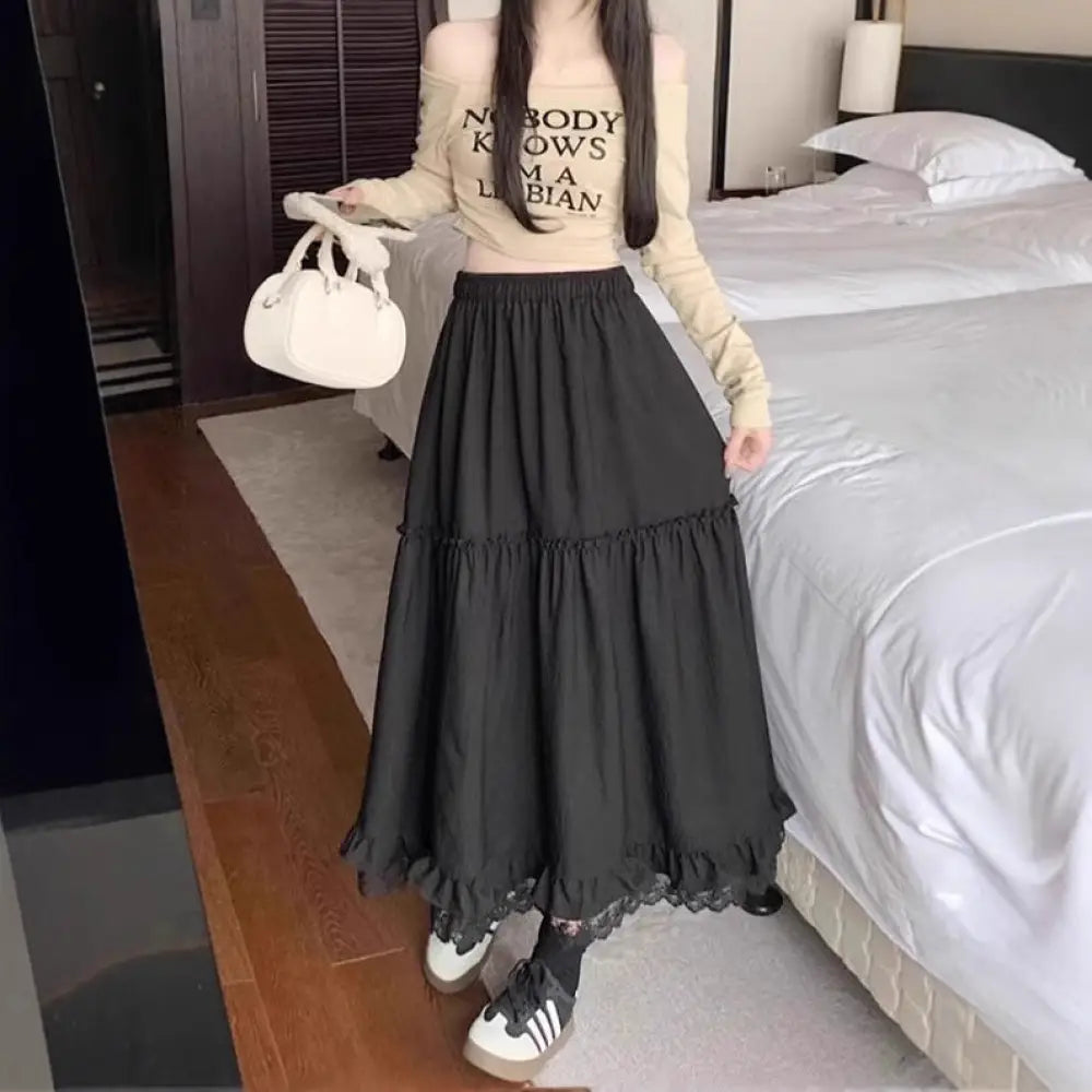 White Lace Splicing Hem Skirt | Flared Elastic Waist Skirt | same ANTHEM.