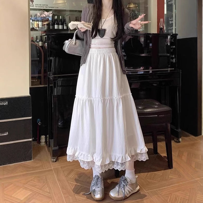 White Lace Splicing Hem Skirt | Flared Elastic Waist Skirt | same ANTHEM.