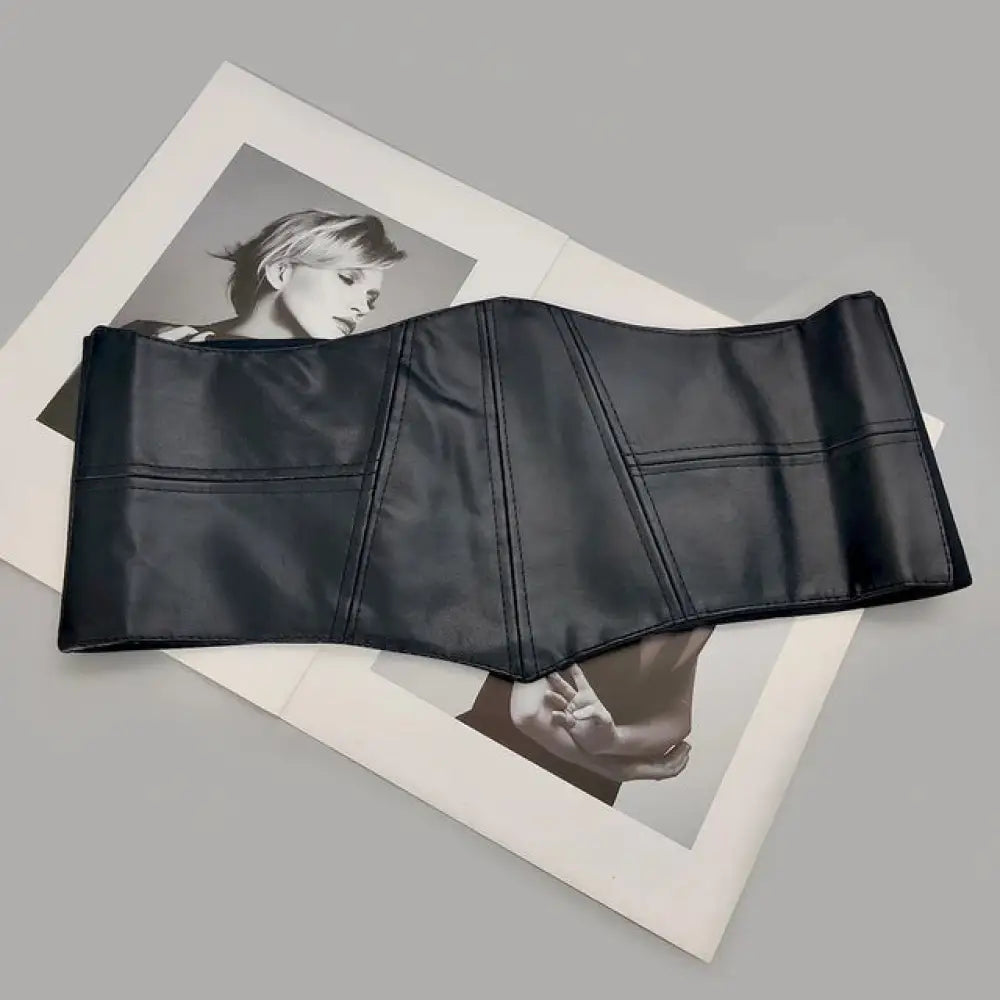 Wide Black Leather Corset Belt | Designer Stretch Cummerbund | same ANTHEM. - black corset / 74cm