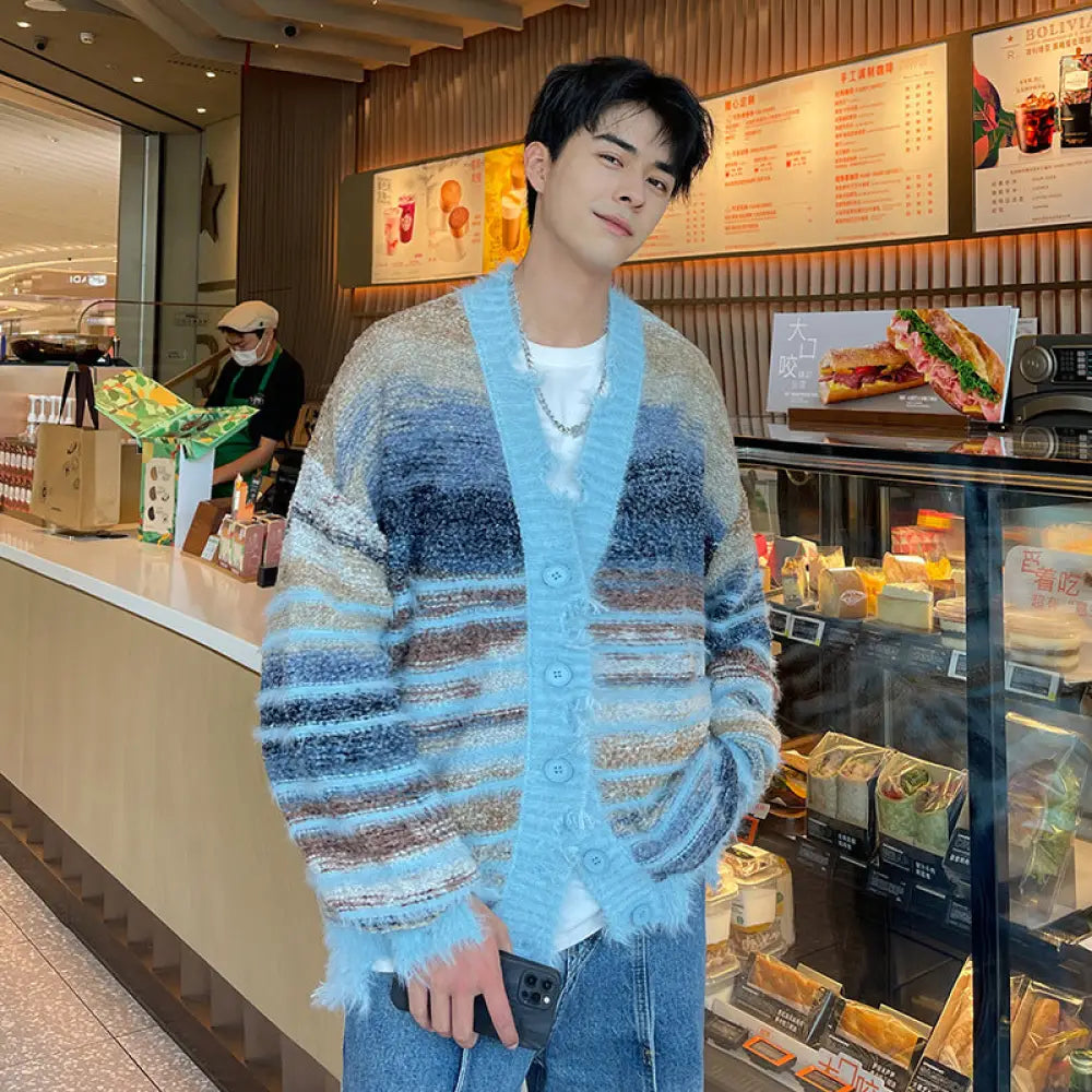 Winter Stripe Cardigan – Loose Knit Streetwear for Men | same ANTHEM - Blue / M