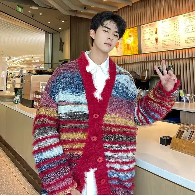 Winter Stripe Cardigan – Loose Knit Streetwear for Men | same ANTHEM - Red / M