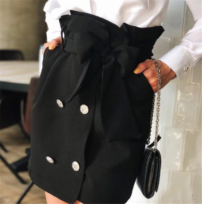 Women Skirt Bow Tie Mini Skirts Sweet Girls Vintage Button - Black / L