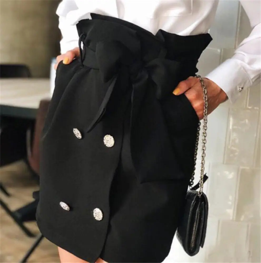 Women Skirt Bow Tie Mini Skirts Sweet Girls Vintage Button - Black / L