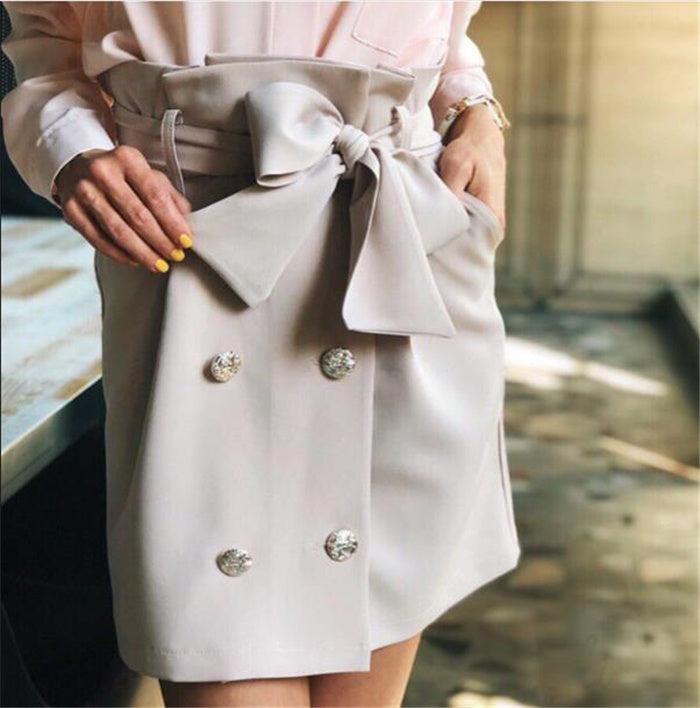 Women Skirt Bow Tie Mini Skirts Sweet Girls Vintage Button - Grey / L