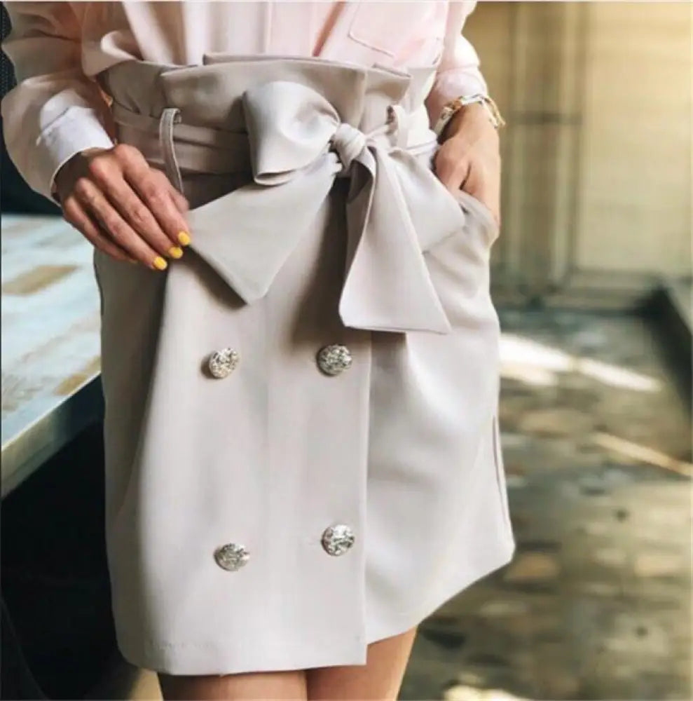 Women Skirt Bow Tie Mini Skirts Sweet Girls Vintage Button - Grey / L