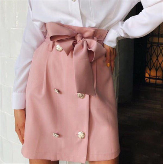 Women Skirt Bow Tie Mini Skirts Sweet Girls Vintage Button - Pink / L