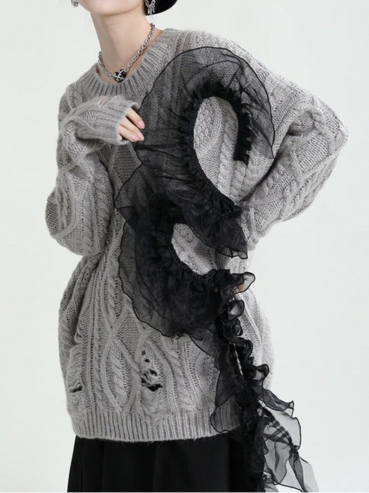 Women’s Asymmetric Wool Sweater - Ripped Meche Stitching | same ANTHEM Chic Streetwear