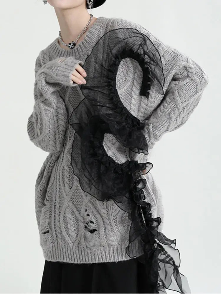 Women’s Asymmetric Wool Sweater - Ripped Meche Stitching | same ANTHEM Chic Streetwear