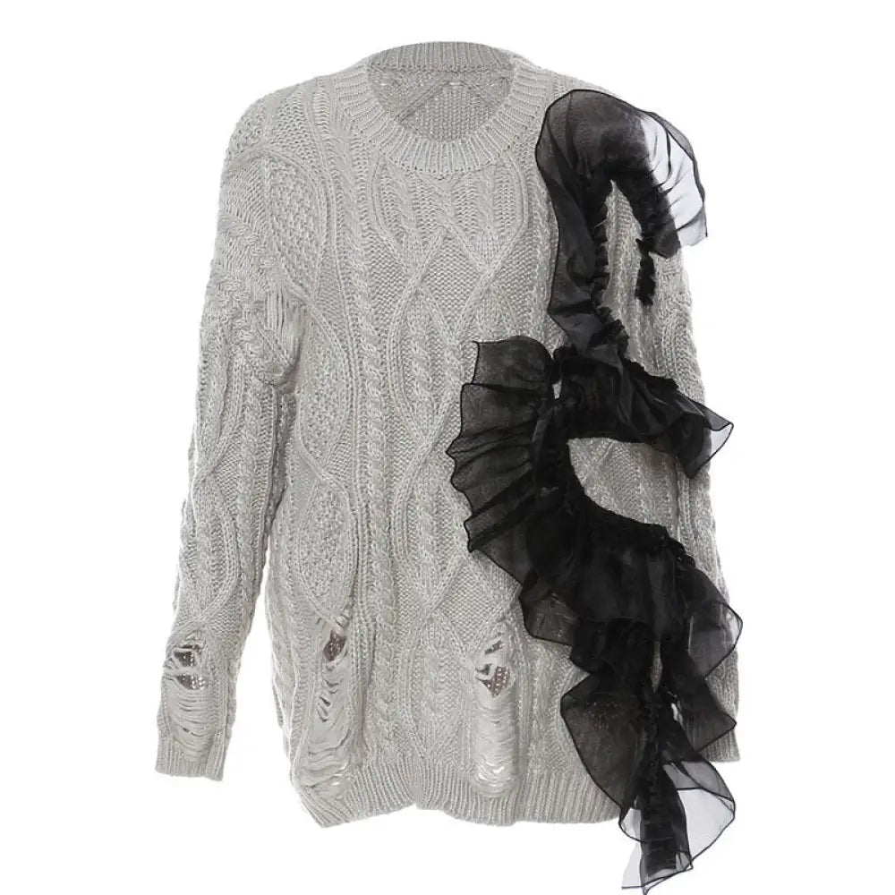 Women’s Asymmetric Wool Sweater - Ripped Meche Stitching | same ANTHEM Chic Streetwear - Light Gray / S