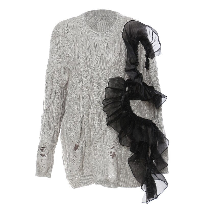 Women’s Asymmetric Wool Sweater - Ripped Meche Stitching | same ANTHEM Chic Streetwear - Light Gray / M