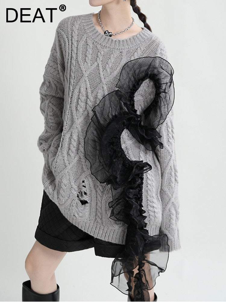 Women’s Asymmetric Wool Sweater - Ripped Meche Stitching | same ANTHEM Chic Streetwear