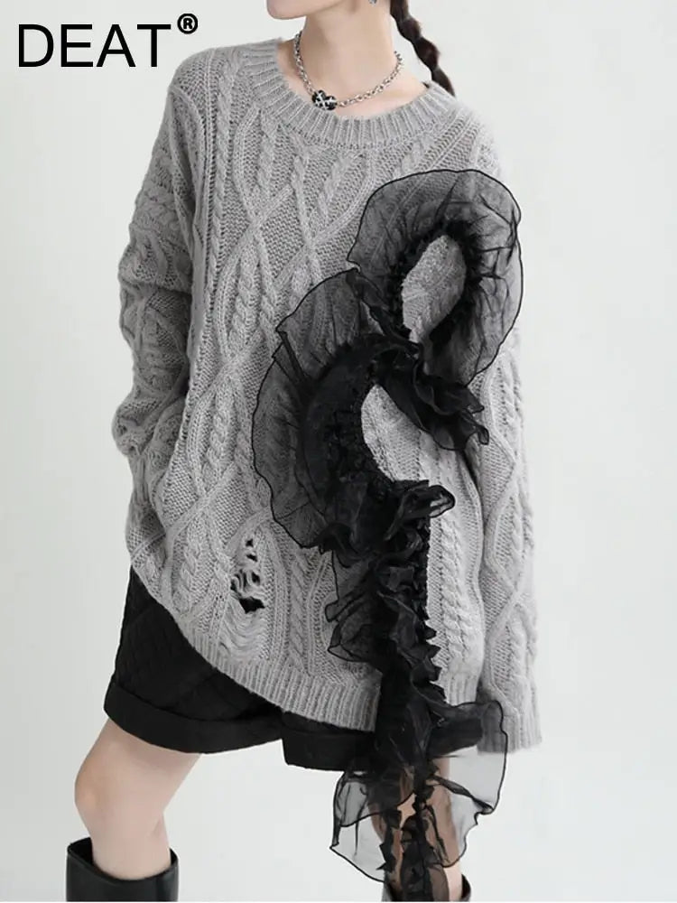 Women’s Asymmetric Wool Sweater - Ripped Meche Stitching | same ANTHEM Chic Streetwear