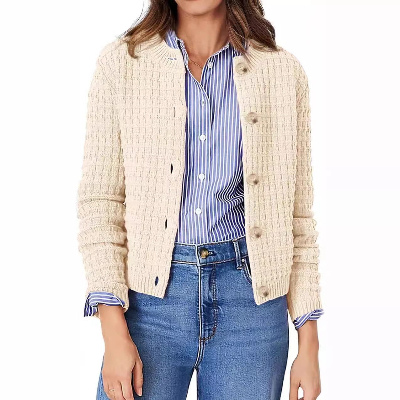 Women’s Crew Neck Knitted Sweater Coat – Classic Chic Elegance | same ANTHEM