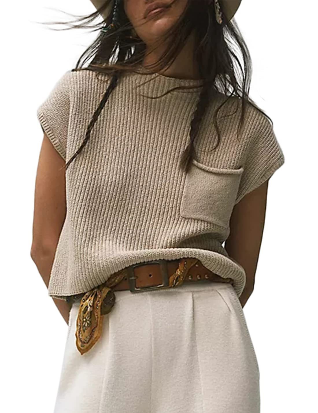 Women’s Knitted Sleeveless Pocket Rib Pullover Vest – Casual & Chic | same ANTHEM - Apricot / L - Knitted Top
