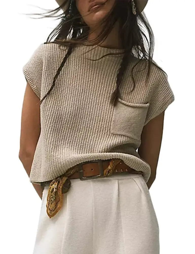 Women’s Knitted Sleeveless Pocket Rib Pullover Vest – Casual & Chic | same ANTHEM - Apricot / L - Knitted Top