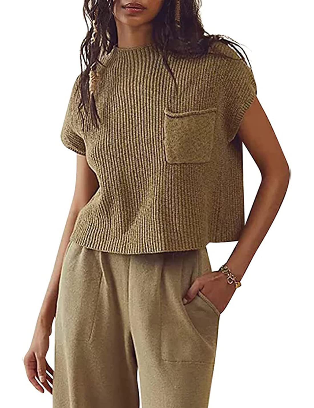 Women’s Knitted Sleeveless Pocket Rib Pullover Vest – Casual & Chic | same ANTHEM - Khaki / 2XL - Knitted Top