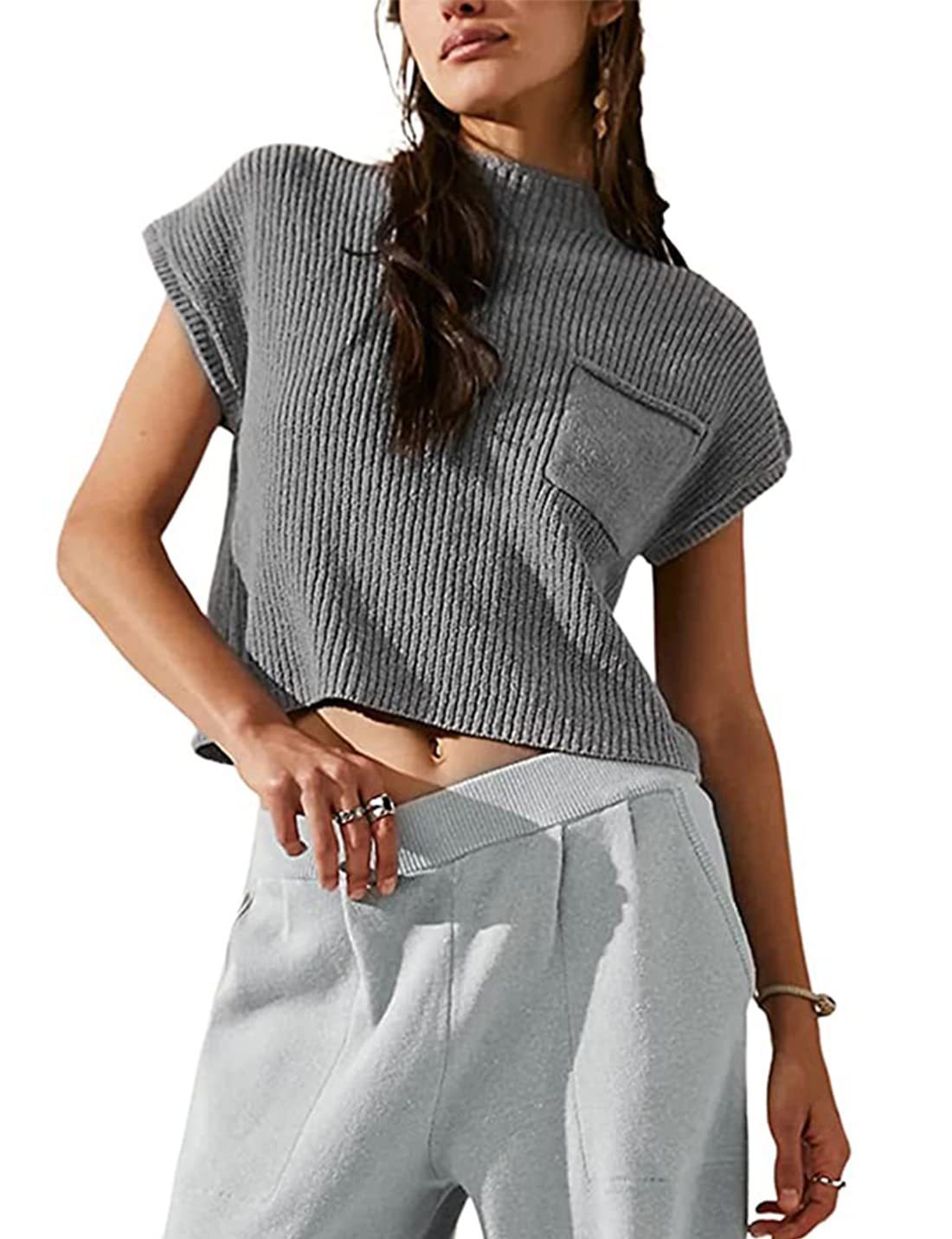 Women’s Knitted Sleeveless Pocket Rib Pullover Vest – Casual & Chic | same ANTHEM - Gray / L - Knitted Top