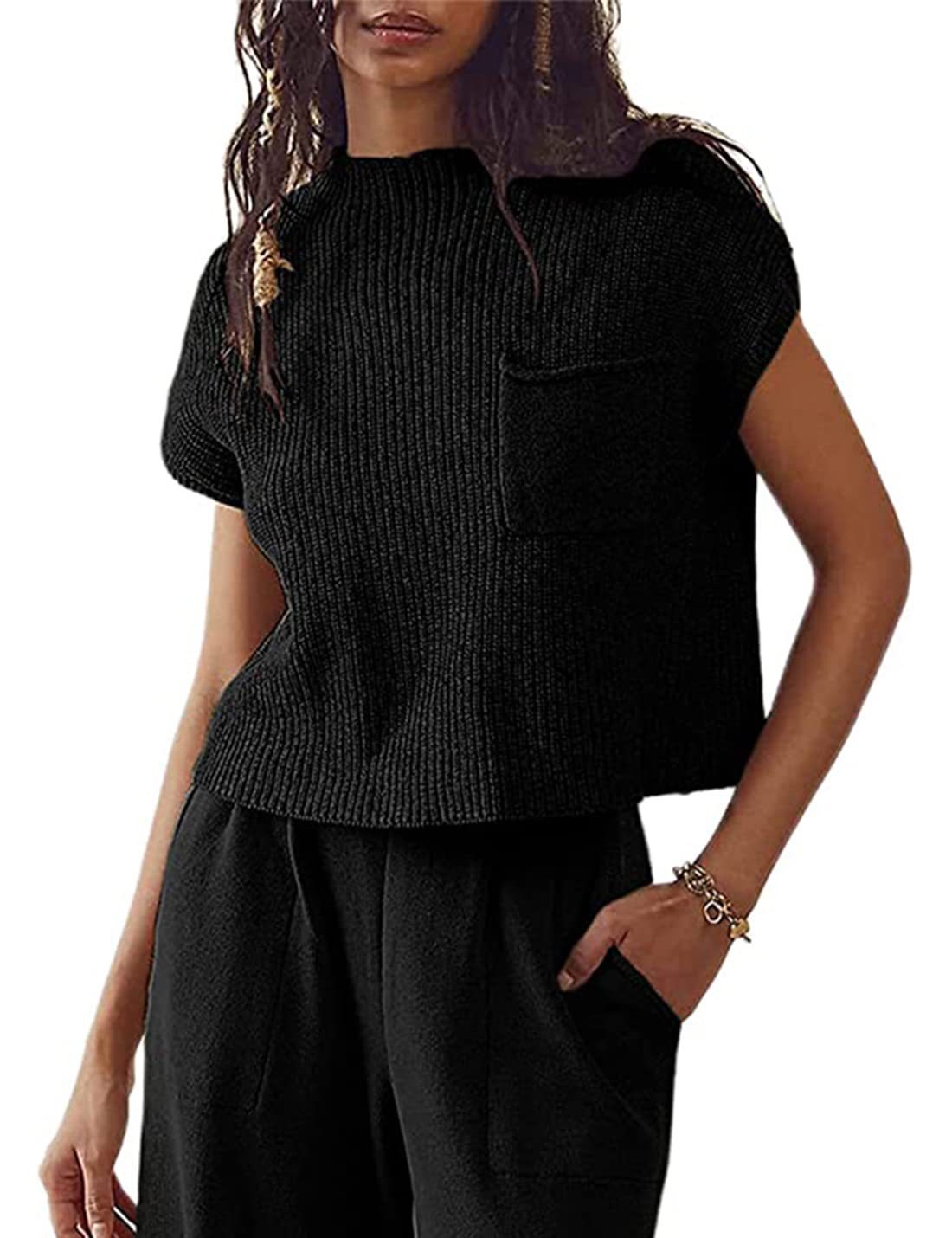 Women’s Knitted Sleeveless Pocket Rib Pullover Vest – Casual & Chic | same ANTHEM - Black / 2XL - Knitted Top