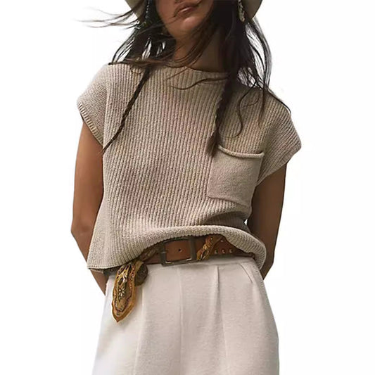 Women’s Knitted Sleeveless Pocket Rib Pullover Vest – Casual & Chic | same ANTHEM - Apricot / 2XL - Knitted Top