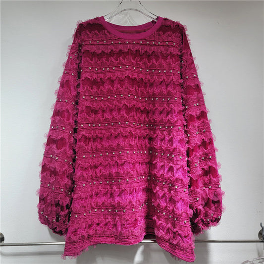 Women’s Layered 3D Flower Pullover – same ANTHEM | Dreamy Romantic French Chic for Soulmates - Rose Red / One size