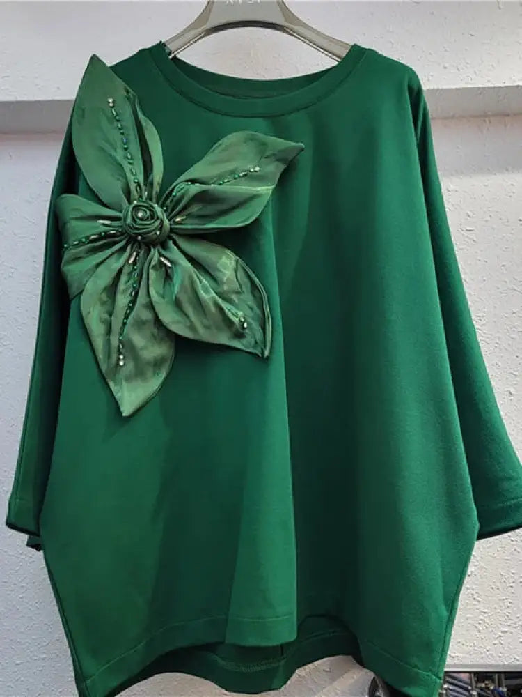Women’s Loose Big Flower Design Top – same ANTHEM | Dreamy Romantic French Chic for Soulmates - Green / One Size
