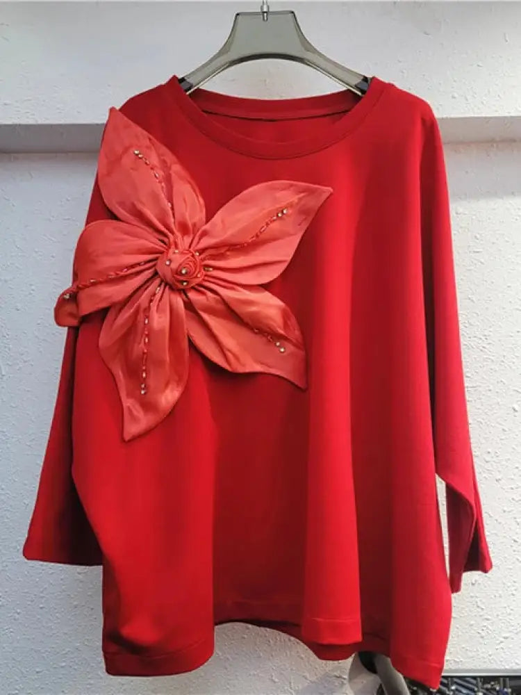 Women’s Loose Big Flower Design Top – same ANTHEM | Dreamy Romantic French Chic for Soulmates - Red / One Size