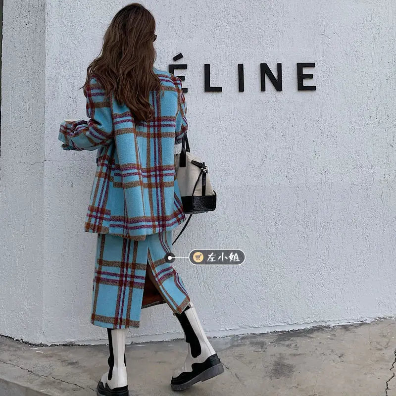 Women’s Plaid Wool 2-Piece Suit | Korean Long Coat & Shirt Set | same ANTHEM.